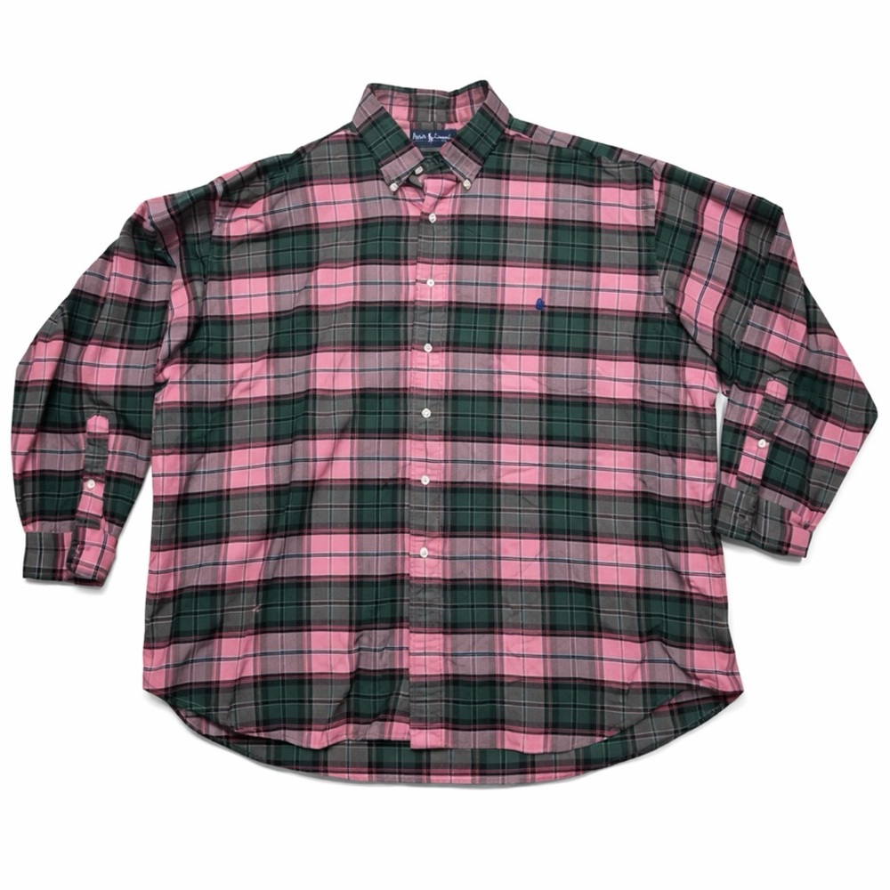 Ralph Lauren Big Shirt Men’s XXL Pink Green Plaid Button Down Cotton Vintage Fit